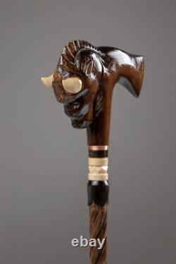 Walking stick carved wood with rubber tip Bull head walking cane for men
