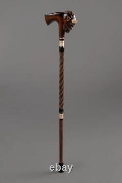 Walking stick carved wood with rubber tip Bull head walking cane for men