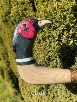 Welsh Handcrafted Carved Cock Pheasant Head Handle Walking Stick