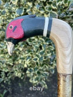 Welsh Handcrafted Carved Cock Pheasant Head Handle Walking Stick