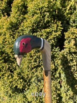 Welsh Handcrafted Carved Cock Pheasant Head Handle Walking Stick
