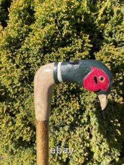 Welsh Handcrafted Carved Cock Pheasant Head Handle Walking Stick
