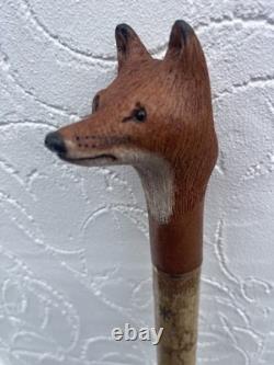 Welsh Handcrafted Hazel travelling walking stick. With carved Fox Head Handle