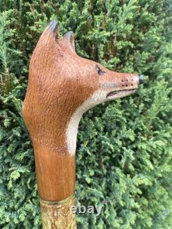 Welsh Handcrafted Hazel travelling walking stick. With carved Fox Head Handle