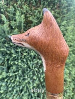 Welsh Handcrafted Hazel travelling walking stick. With carved Fox Head Handle