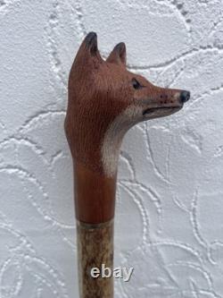 Welsh Handcrafted Hazel travelling walking stick. With carved Fox Head Handle