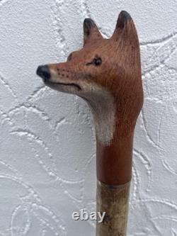 Welsh Handcrafted Hazel travelling walking stick. With carved Fox Head Handle