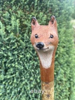 Welsh Handcrafted Hazel travelling walking stick. With carved Fox Head Handle