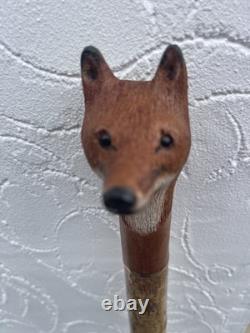 Welsh Handcrafted Hazel travelling walking stick. With carved Fox Head Handle