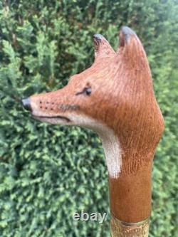 Welsh Handcrafted Hazel travelling walking stick. With carved Fox Head Handle