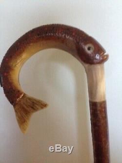 Welsh Handcrafted Ram's Horn Carved LeapingTrout Walking Stick Hazel Shaft