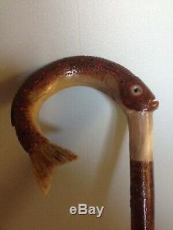 Welsh Handcrafted Ram's Horn Carved LeapingTrout Walking Stick Hazel Shaft