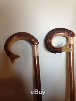 Welsh Handcrafted Ram's Horn Carved LeapingTrout Walking Stick Hazel Shaft