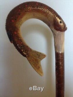 Welsh Handcrafted Ram's Horn Carved LeapingTrout Walking Stick Hazel Shaft