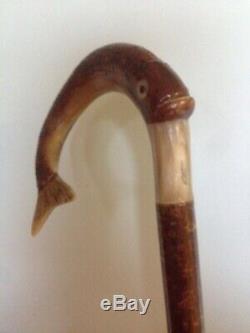 Welsh Handcrafted Ram's Horn Carved LeapingTrout Walking Stick Hazel Shaft