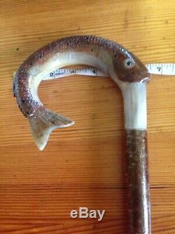 Welsh Handcrafted Ram's Horn Carved LeapingTrout Walking Stick Hazel Shaft