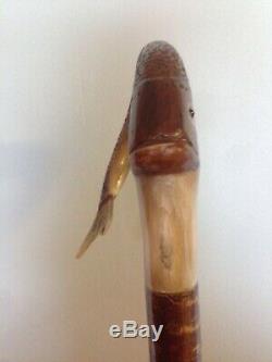 Welsh Handcrafted Ram's Horn Carved LeapingTrout Walking Stick Hazel Shaft