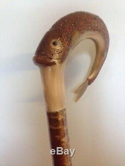 Welsh Handcrafted Ram's Horn Carved LeapingTrout Walking Stick Hazel Shaft