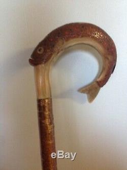 Welsh Handcrafted Ram's Horn Carved LeapingTrout Walking Stick Hazel Shaft