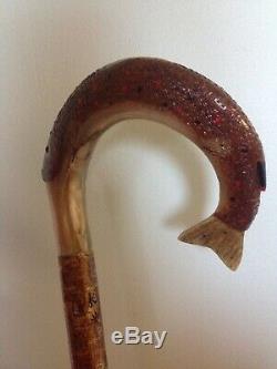 Welsh Handcrafted Ram's Horn Carved LeapingTrout Walking Stick Hazel Shaft