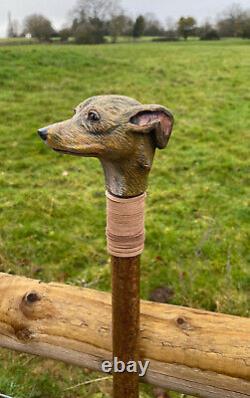 Whippet Head, Hand Carved in Lime on Hazel Shank, Country Walking stick