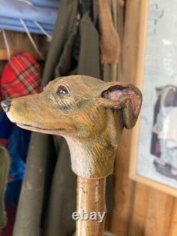 Whippet Head, Hand Carved in Lime on Hazel Shank, Country Walking stick