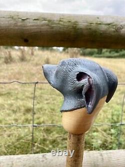 Whippet Head Hand Carved in Lime wood Country Walking stick on Hazel Shank