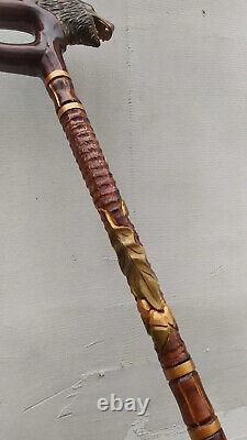 Wolf Walking Stick Wooden Cane Hand Carved
