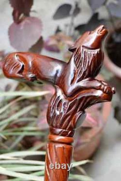 Wolf Wooden hand Carved Cane Unique Handcrafted Walking Stick with Natural Wood
