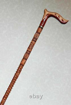 Women's walking cane Hand carved handle and staff Elegant wooden cane with gold