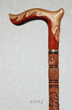 Women's walking cane Hand carved handle and staff Elegant wooden cane with gold