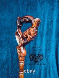 Wood Carved Lion And Gazelle Walking Stick Cane handmade wood crafted