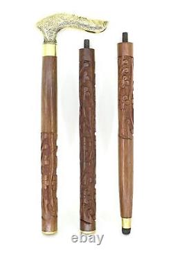 Wood HandCrafted Folding Antique Walking Stick Brass Flower Carved Metal Handle