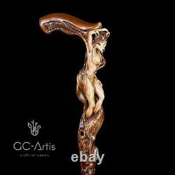 Wood carved Walking Stick Cane Foxy Naked Girl Wooden hand crafted gift for men