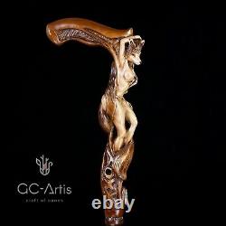 Wood carved Walking Stick Cane Foxy Naked Girl Wooden hand crafted gift for men