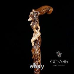 Wood carved Walking Stick Cane Foxy Naked Girl Wooden hand crafted gift for men