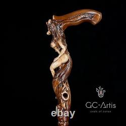 Wood carved Walking Stick Cane Foxy Naked Girl Wooden hand crafted gift for men