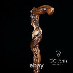 Wood carved Walking Stick Cane Foxy Naked Girl Wooden hand crafted gift for men