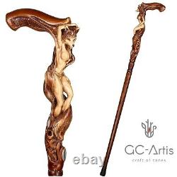 Wood carved Walking Stick Cane Foxy Naked Girl Wooden hand crafted gift for men