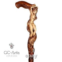 Wood carved Walking Stick Cane Foxy Naked Girl Wooden hand crafted gift for men