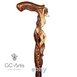 Wood carved Walking Stick Cane Foxy Naked Girl Wooden hand crafted gift for men