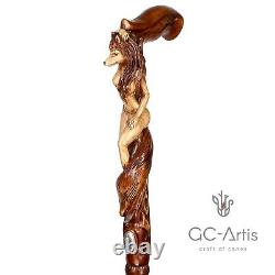 Wood carved Walking Stick Cane Foxy Naked Girl Wooden hand crafted gift for men