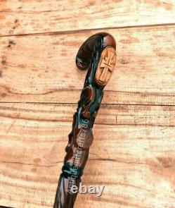 Wood carved crafted crook handle Pi Christian Cross Wooden Walking Stick Cane