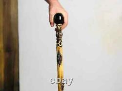 Wood carving walkig stick 37 inches, ball walking stick, shaman walking stick, c