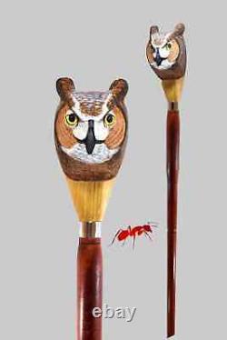 Wood walking stick great horned owl for hiking lovers handmade wooden gift
