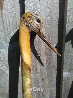 Woodcock carved by hand on Hazel shank, walking beating stick