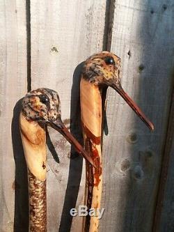 Woodcock carved by hand on Hazel shank, walking beating stick