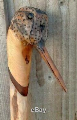 Woodcock carved by hand on a holly shank, walking hunting or hiking stick