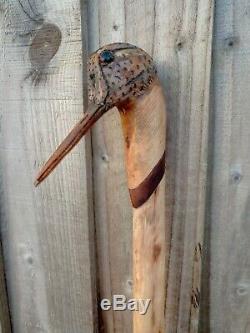 Woodcock carved by hand on a holly shank, walking hunting or hiking stick