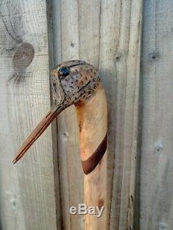 Woodcock carved by hand on a holly shank, walking hunting or hiking stick